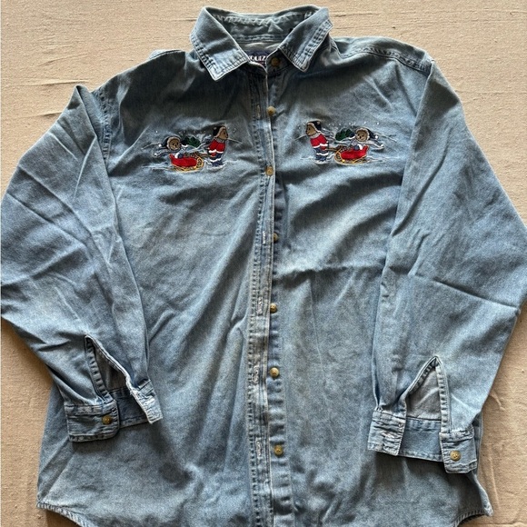 xquizzit Tops - Vintage Christmas Denim Button-Up Shirt with Embroidery